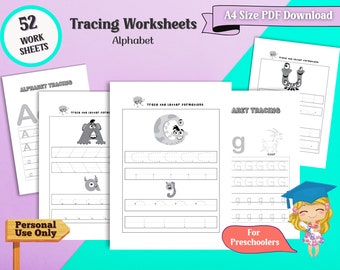 Alphabet Tracing Vorschule Arbeitsblatt, Alphabet Printable, Alphabet Arbeitsblatt ABC Handschrift Praxis für Kleinkinder, PDF Digital Download