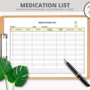 Medication List Medication Tracker Medication Organizer, Medication Log, Medicine List, Medication Chart Pill Tracker Printable PDF download