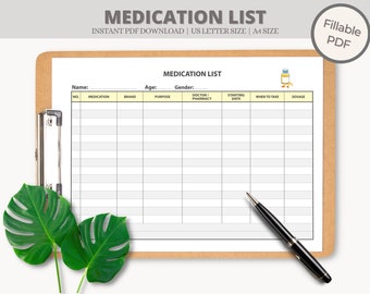 Medication List Medication Tracker Medication Organizer, Medication Log, Medicine List, Medication Chart Pill Tracker Printable PDF download