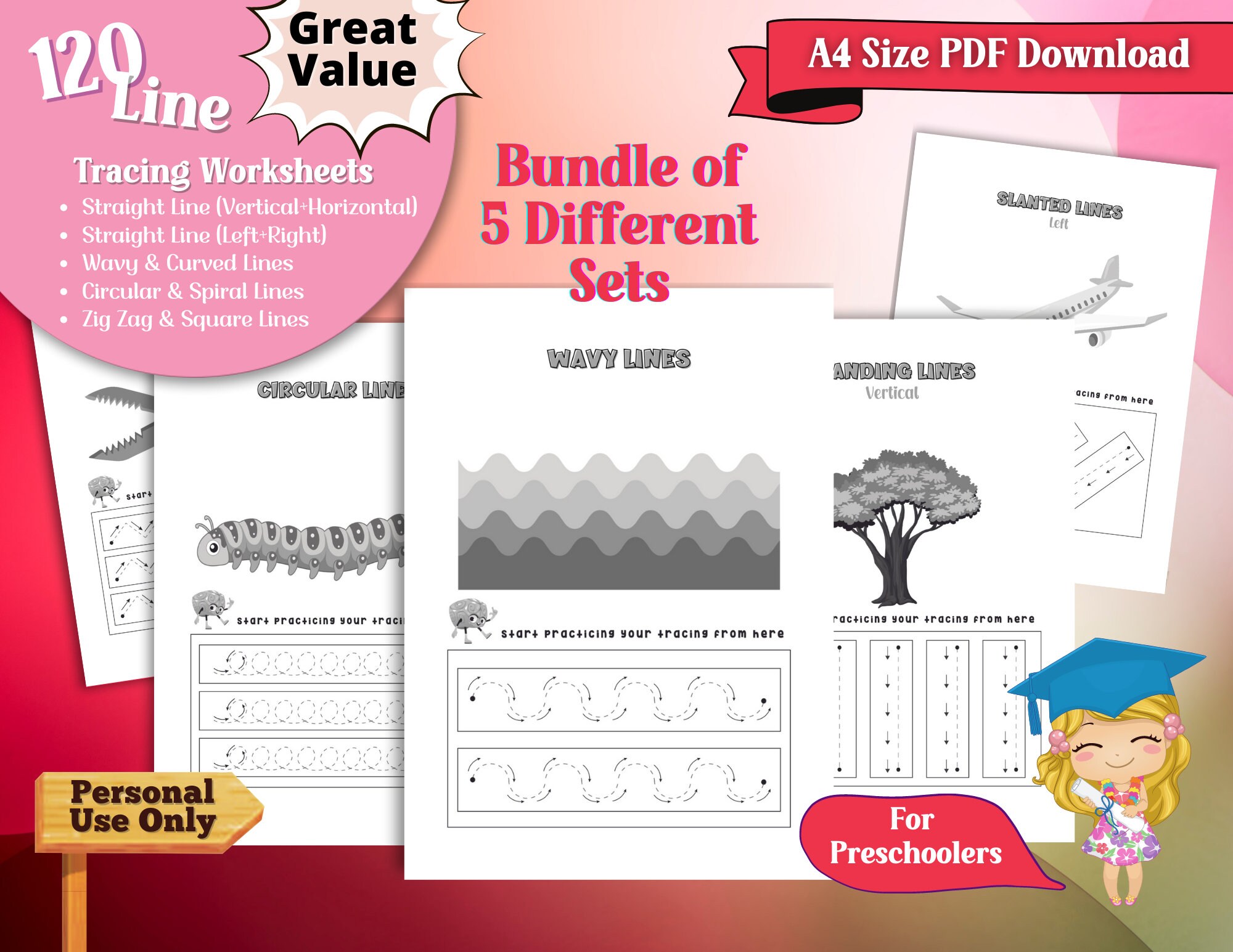 bundle of 5 line tracing worksheets for preschool homeschool etsy