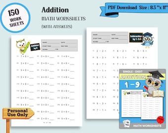 Kids Math Worksheets, 150 Practice sheets, Single Digits Addition 1 to 9, Kids Worksheets, Addition Worksheets, Preschool - 1st Grade Math