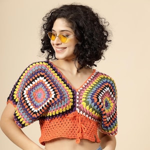 Handmade Granny Square Crochet Top | Multicolor Boho Crop Top | Retro Summer Shirt | Festival Cotton Blouse |  Summer Fashion For Woman