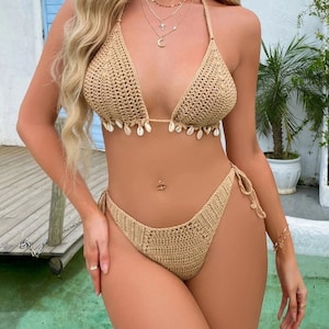 Handmade Crochet Halter Bikini: 100% Cotton, Shell Detail