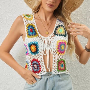 Handmade Crochet Granny Square Vest | Luxury Boho Multicolor Summer Top | Festival Beachwear | Retro Hippie Chic Layering Vest