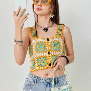 Handmade Crochet Granny Square Top | Boho Festival Crop Top | Summer Y2K Crochet Tank | Colorful Retro Vest | Coquette Aesthetic Clothing
