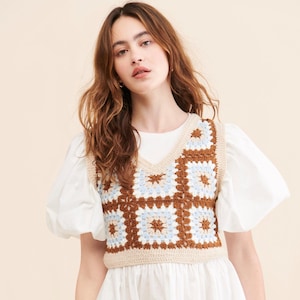Boho Handmade Crochet Granny Square Vest | Retro Brown Blue Knit Top | Sleeveless Layered Sweater for Women | Cottagecore Summer Outfit