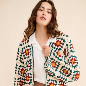 Granny Square Crochet Jacket | Black & Cream Handmade Cardigan | Boho Festival Sweater | Crochet Outerwear for Women