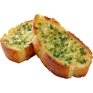 Könnte beinhalten: Zwei Scheiben geröstetes Brot, belegt mit einem Aufstrich aus geschmolzener Butter, gehacktem Knoblauch und fein gehackten grünen Kräutern. Das Brot hat eine goldbraune Kruste und ein poröses, helles Inneres mit gleichmäßig verteilten Kräutern.