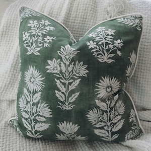Green and White Block Floral Pillow Cover