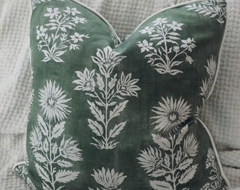 Green and White Block Floral Pillow Cover