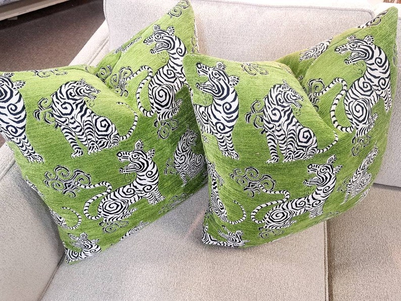 Velvet Tiger Apple Green Chinoiserie Pillow Cover image 3