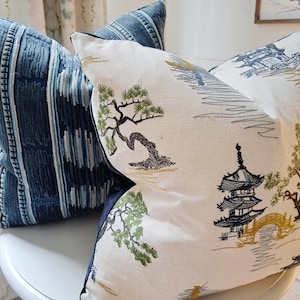 Navy and Green Pagoda Chinoiserie Print Pillow Cover