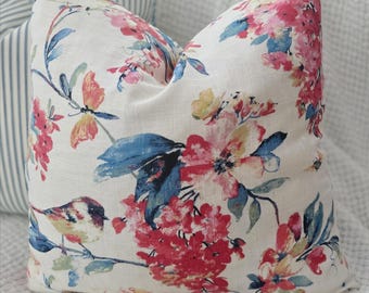 Navy and Pink Floral and Bird Scenery Pillow Cover
