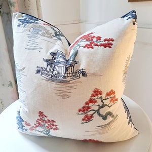 Navy and Coral Pagoda Chinoiserie Print Pillow Cover