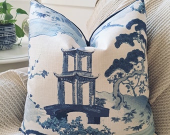 BLUE and white pagoda Chinoiserie print pillow cover