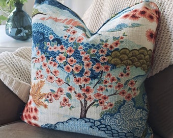 Coral Blue Chinoiserie Scenery Pillow Cover