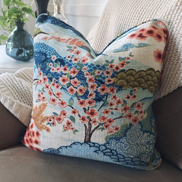 Coral Blue Chinoiserie Scenery Pillow Cover