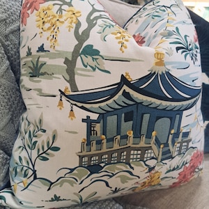 Blue and Blush Chinoiserie Print Pillow Cover