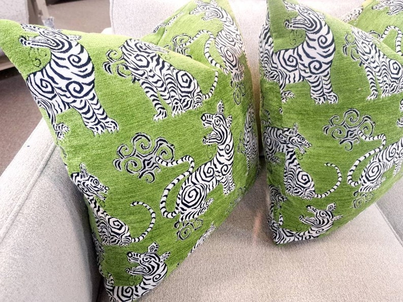 Velvet Tiger Apple Green Chinoiserie Pillow Cover image 2