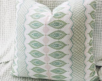 Blush Pink and Green Floral Stripe Pillow Cover