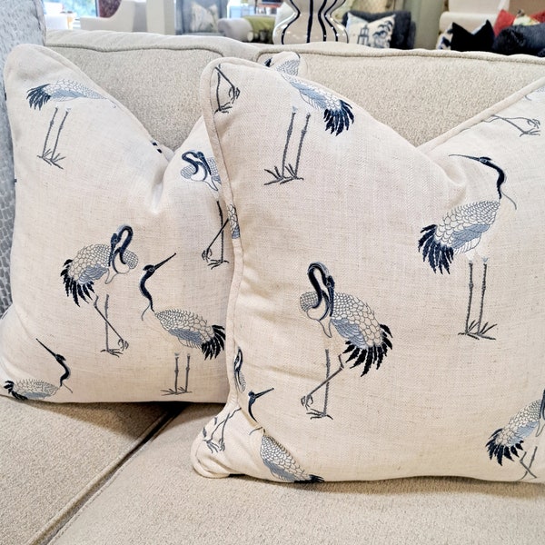 Navy and Cream Embroiderd Bird Pillow Cover