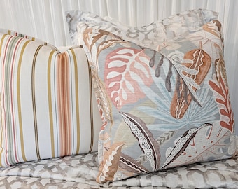 Coral Seafoam Tropical Floral and Stripe Pillow Cover