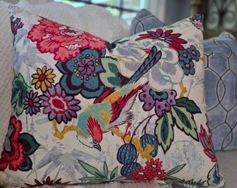 Bright Floral Hibiscus and Bird Pillow Cover