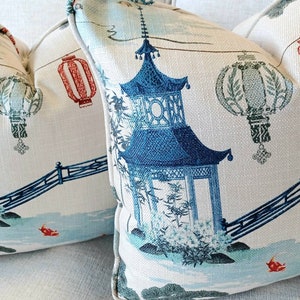 Blue Pagoda Red Lantern Chinoiserie Pillow Case