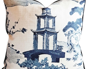 BLUE and white pagoda Chinoiserie print pillow cover