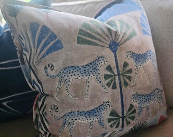 Blue Leopard and Palm Tree Linen Pillow Cover