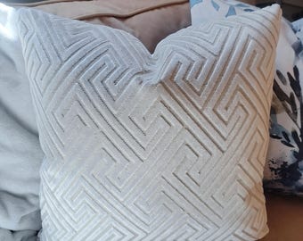 Pearl Cream Cut Velvet Greek Key Pillow Cover