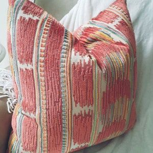 Stripe Ikat Boho Coral Orange Chenille Pillow Cover