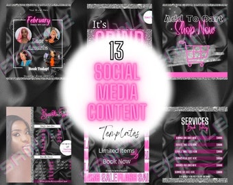 May include: A collection of 13 social media templates for a beauty business. The templates feature a black and pink color scheme with a glittery background. The text on the templates includes "It's Grind Time", "Lace Assassin", "Book Today", "Add To Cart Shop Now", "Services Book Today", "Limited Items Book Now", and "Lash Sale Flash Sale".