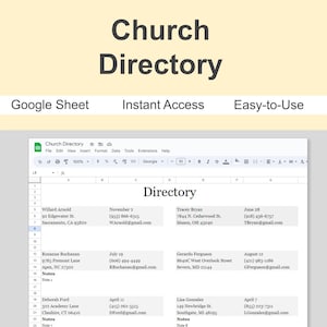May include: A digital spreadsheet titled "Church Directory" with contact information. The spreadsheet is open in Google Sheets and includes columns for names, addresses, phone numbers, and email addresses. The text "Google Sheet, Instant Access, Easy-to-Use" is also visible.