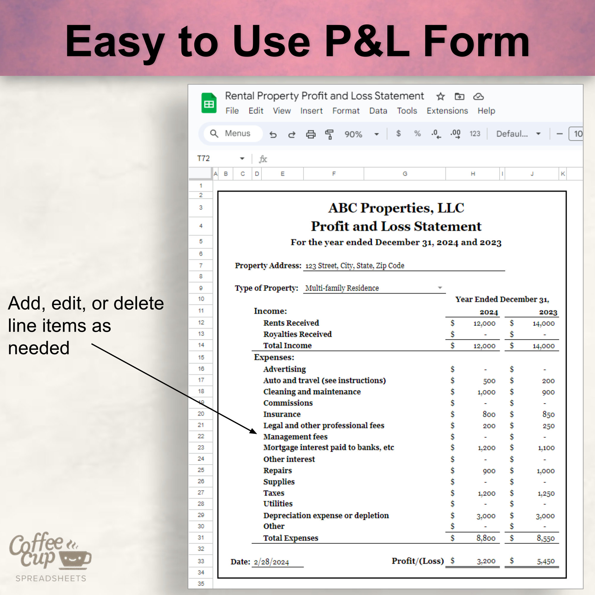 Rental Property Profit and Loss Statement Google Sheet and Excel ...