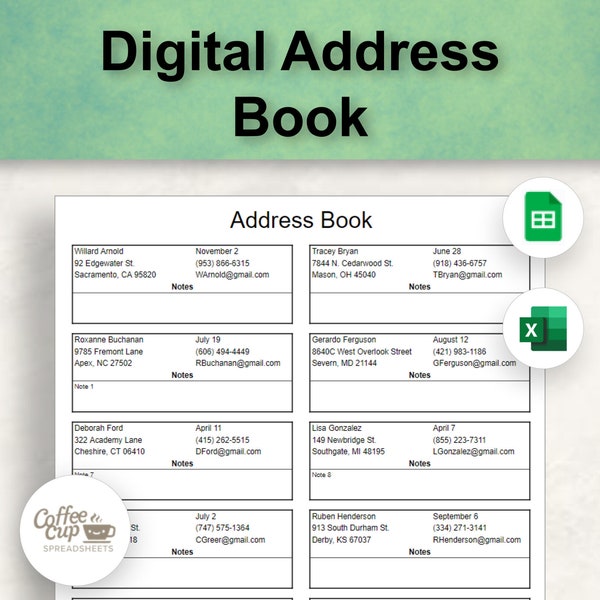 Digital Address Book Google Sheet | Printable Address Book Template Excel