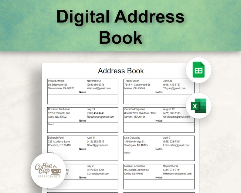 Digital Address Book Google Sheet Printable Address Book Template Excel Etsy