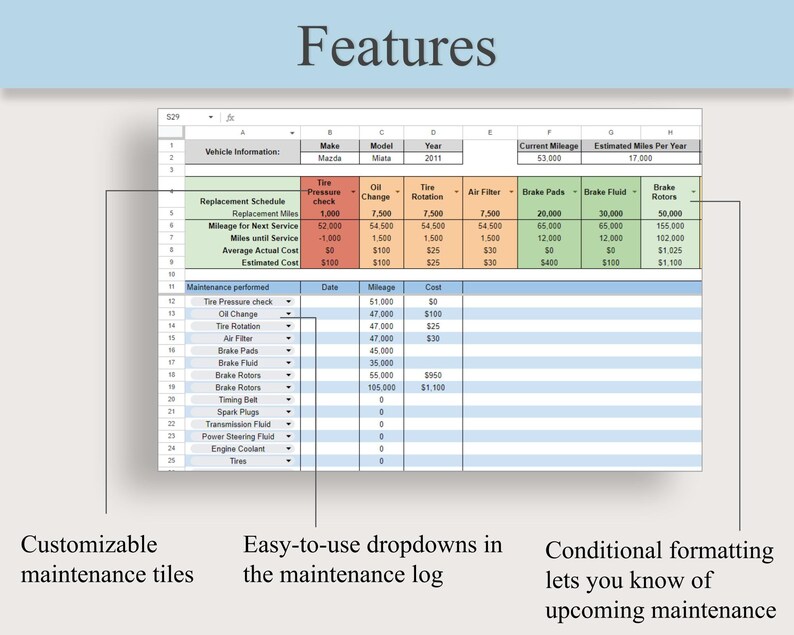 Car Maintenance Tracker Google Sheet and Excel Automotive Etsy