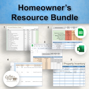 May include: A digital resource bundle for homeowners, featuring spreadsheets for household maintenance schedules, vehicle maintenance logs, property inventory, and insurance information. The spreadsheets are organized into five sections, each with its own title and icon. The bundle is designed to help homeowners keep track of their home's maintenance and finances.