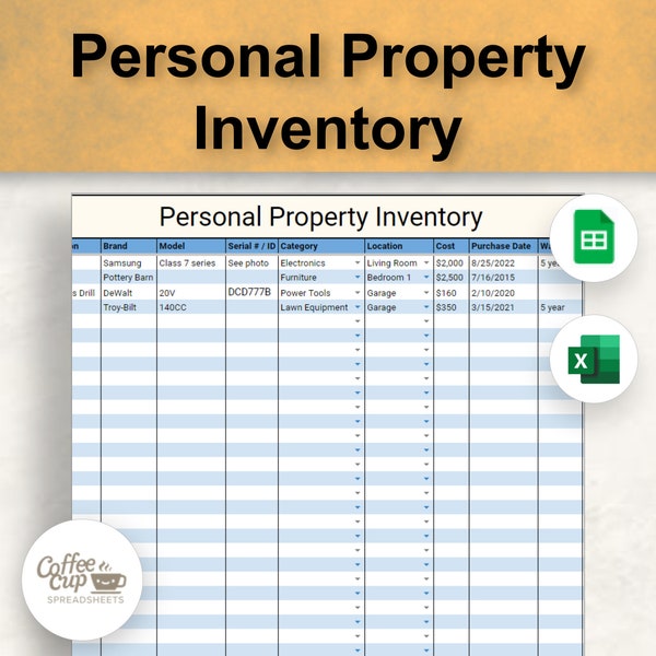 Personal Property Inventory List Google Sheet and Excel | Digital Personal Property Tracker Template | Home Inventory Sheet