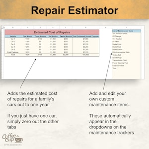 Car Maintenance Log, Vehicle Maintenance Checklist, automotive repair tracker, vehicle dashboard, car cost tracker, Auto repair excel, car maintenance book Google Sheet, Car Repair Tracker