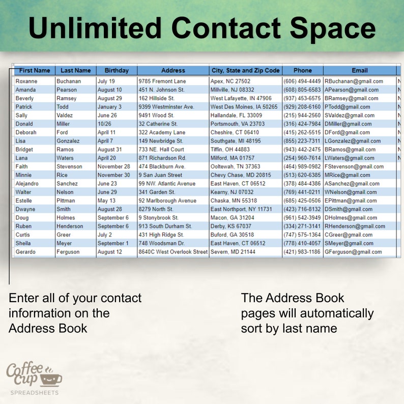 Digital Address Book: Google Sheet & Excel Template (printable Download ...