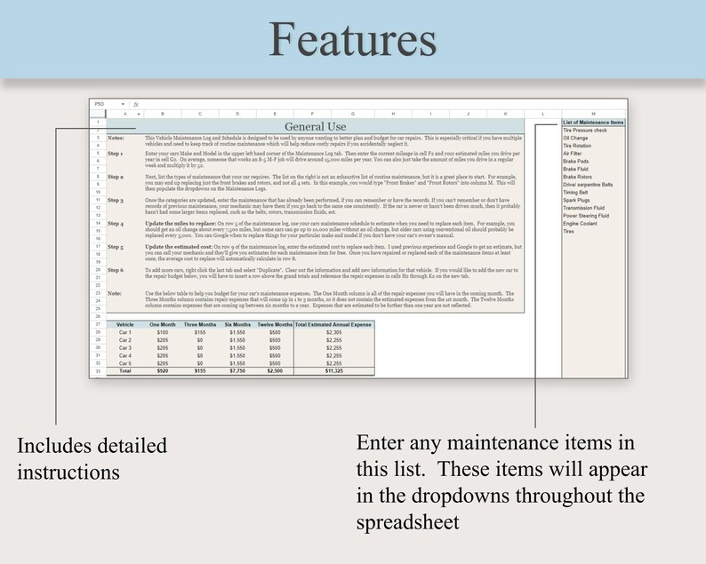 Car Maintenance Tracker Google Sheet and Excel Automotive Repair