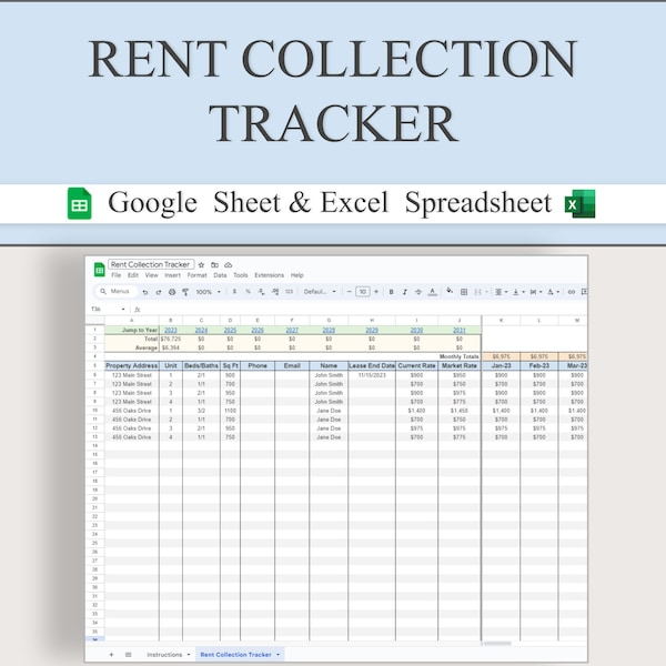 Rent Collection Tracker for Rental Property Owners and Property Managers | Rent Ledger Excel and Google Sheet
