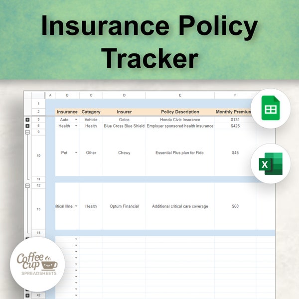 Insurance Policy and Coverage Tracker Excel and Google Sheet