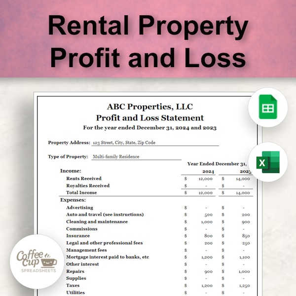 Rental Property Profit and Loss Statement Google Sheet and Excel Spreadsheet