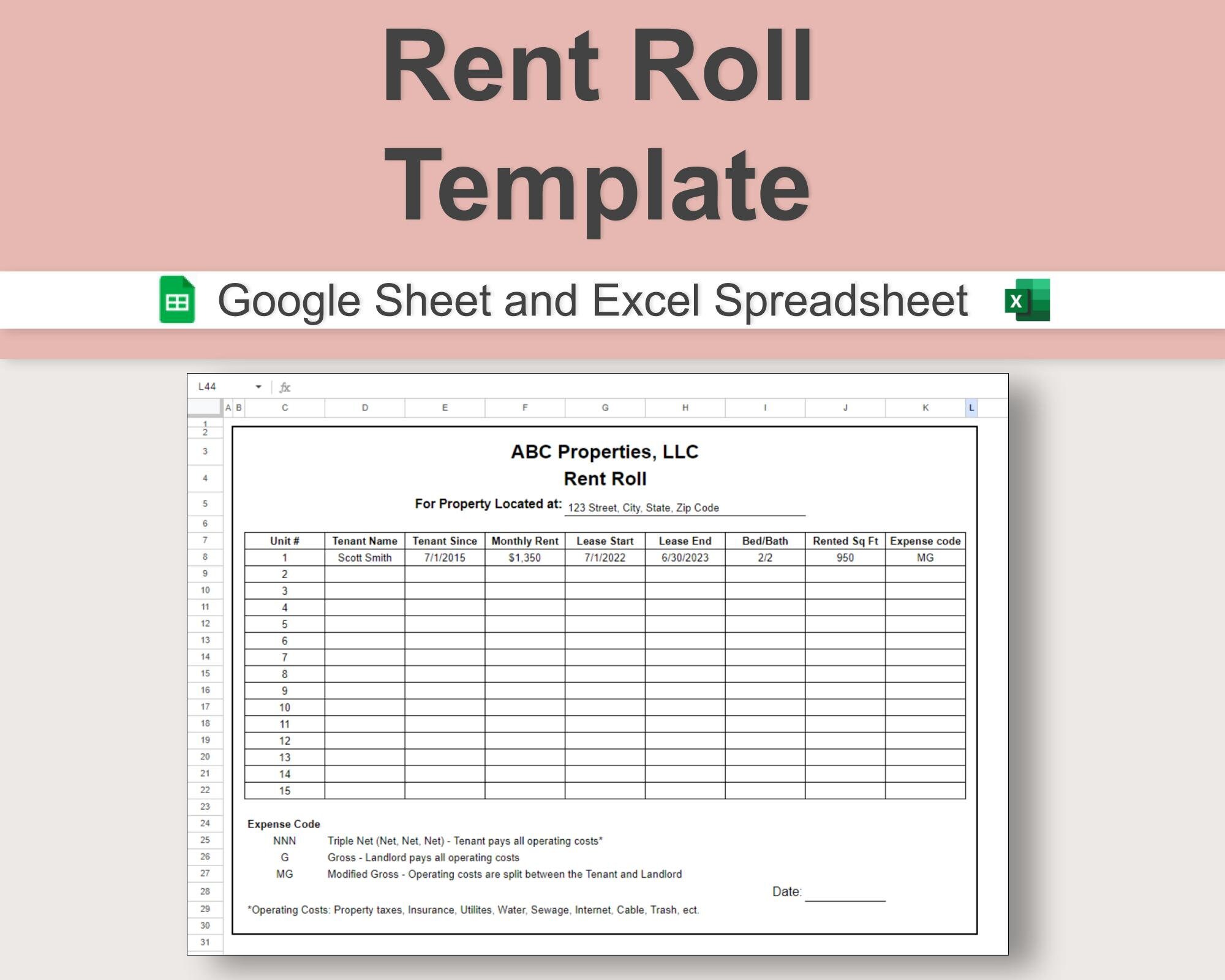 Rent Roll Excel Template And Google Sheet Rent Collection Etsy