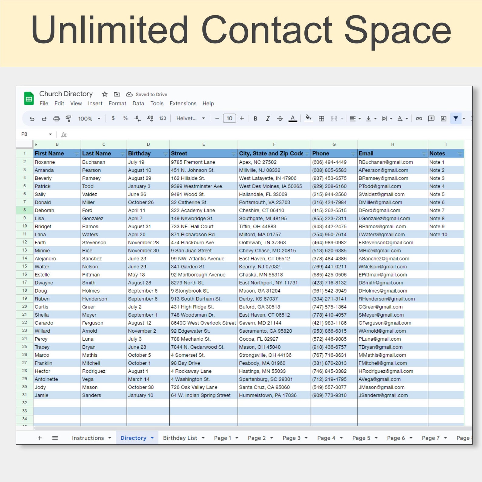 Church Directory Template Google Sheet - Editable | Birthday and ...