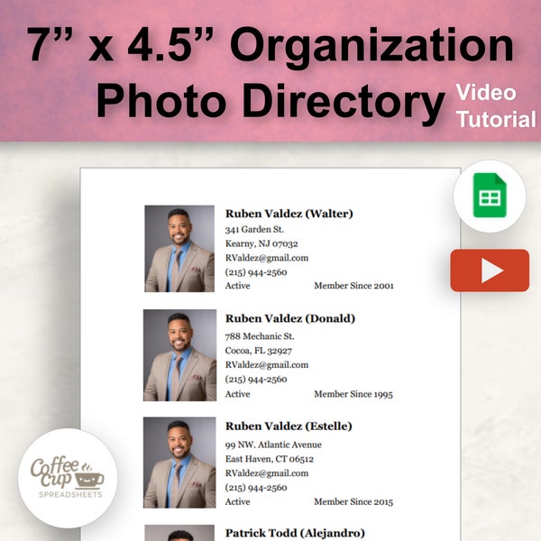 7" x 4.5" Organization Photo Directory | Board Member Directory Template Google Sheet