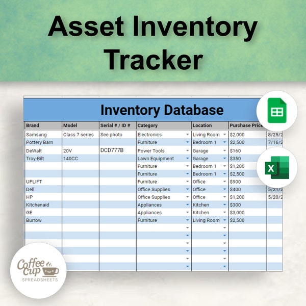 Asset Tracker Excel and Google Sheet | Small Business Fixed Assets Listing | Printable Asset List | Insurance Claims Excel Template